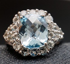 Size 9 Blue Topaz Cushion & Cluster Halo Sterling Silver Ring