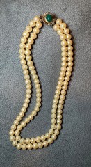 Vintage Japan Double Strand Glass Pearl Necklace Green Cabochon Clasp