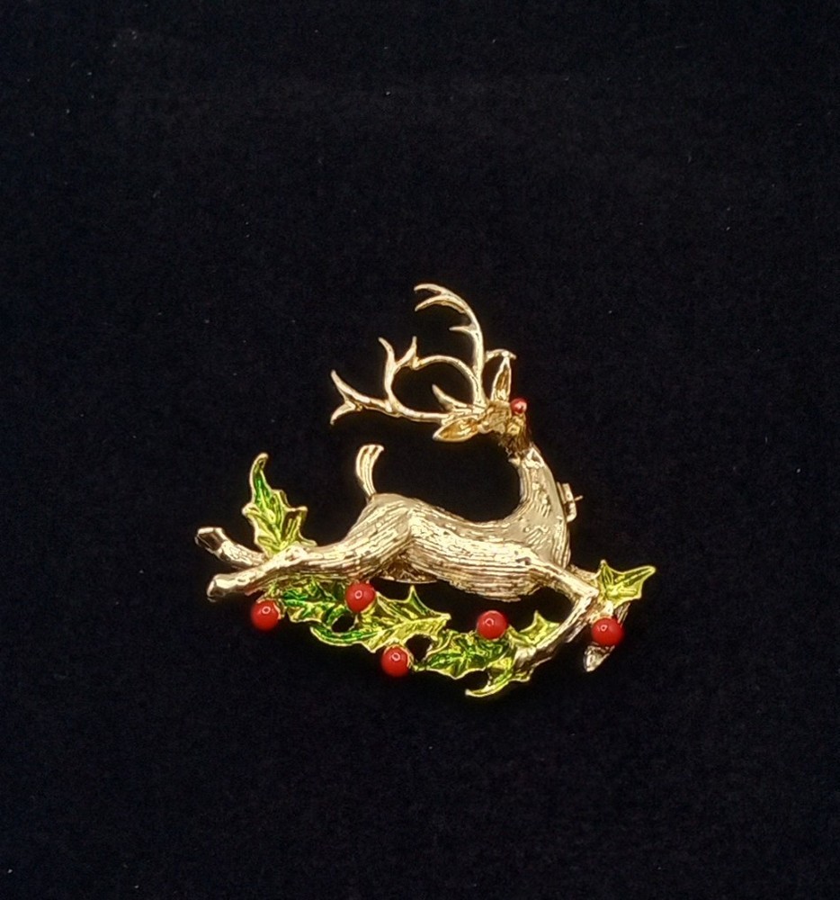 Flying Rudolph Reindeer Brooch, Gerrys brand, Gold tone enameled holly branches