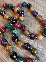Vintage Bon Ton Chunky Marbled Bead Necklace Multicolor Gold Tone 32in