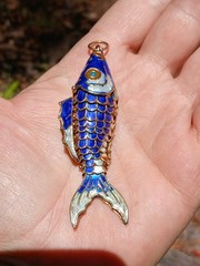 Vintage Enamel Articulated Fish Large Pendant Charm Blue & Silver Gold Tone 3″