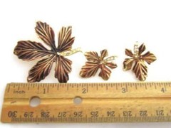 Vintage Gold Plated and Brown Enamel Rhinestone Leaves Pin & Earrings Set