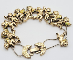 Cherub Angels Iridescent Glitter Wings Gold Tone Vtg Slide Bracelet 7.5 Inch