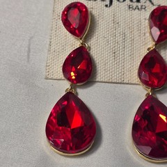 Bijoux Bar Red Crystal Dangle Three-Tiered Red Teardrop Crystals Gold Setting