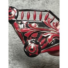 Vintage Red Black Enamel Floral Brooch Pin Art Deco Style Statement 3.5in
