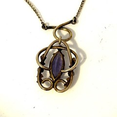 Antique Art Nouveau Lavalier Necklace Purple Glass Pendant Filigree Clasp c1900