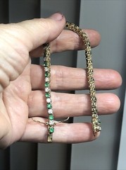 15. Vtg. Yellow 925 Sterling Green Emerald White CZ Tennis Bracelet 6 3/4″, 11g