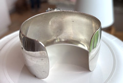 OOAK Clay Art Face Bracelet Cuff Silver-tone Metal VTG 1990s Iridescent Beads