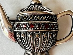 Sterling Silver Convertible Teapot Tea Party Brooch/Pendant w Marcasite, Garnets