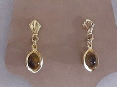 Dainty Tiger’s eye gemstone caged gold tone dangle drop earrings
