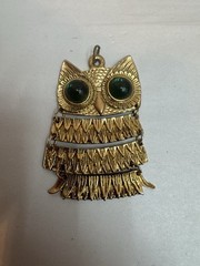 vintage gold tone green eyed owl pendant large
