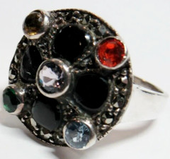 Sterling 925 Silver Ladies Ring Orange Yellow Green Blue Black Stone Size 7.75