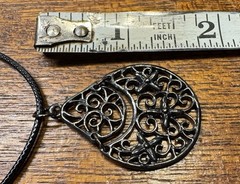 Vintage Gothic Silvertone Scrollwork Teardrop Pendant On Cord Necklace