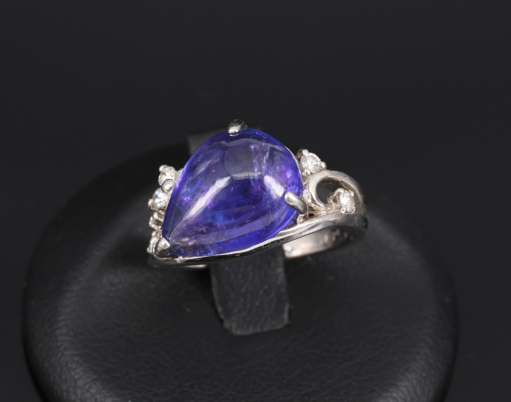Estate 6.85ct Cabochon Cut Tanzanite & 0.24ct Diamond Platinum Ring Size 5.75