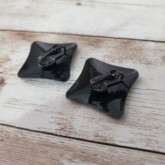 Vintage Clip On Earrings – Unusual Black Pattered Squished Square Shape