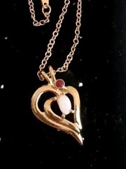Vintage Opal & Red Gemstone Half Heart Pendant necklace. Gold Tone. 18 In.