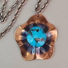 Vintage Turquoise Necklace Pendant Scalloped Copper 23″