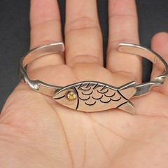 Vintage Taxco Mexico 925 Sterling Silver Fish Bangle Bracelet Twisted Cuff 21g