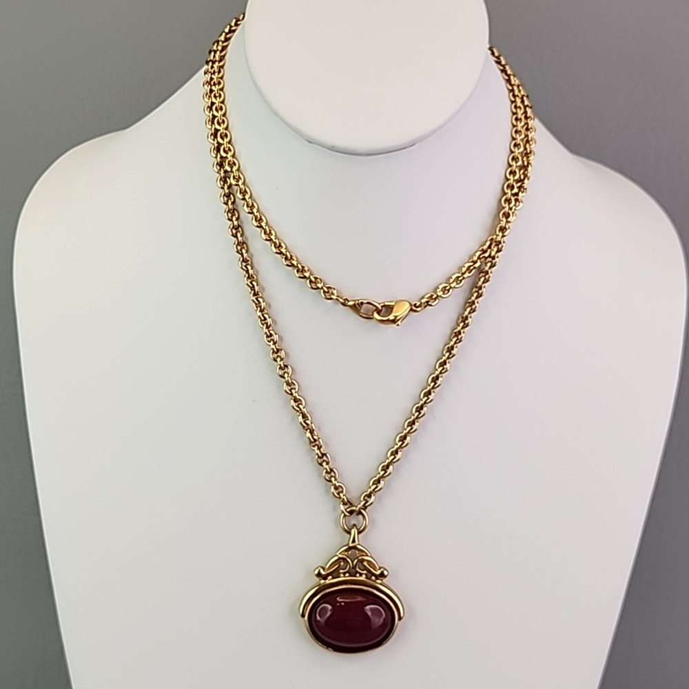 Vintage Liz Claiborne Necklace Faux Watch Fob Pendant Red Gold Tone 31″
