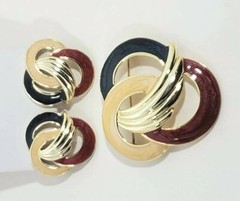 Vintage Estate Pearlescent BROOCH EARRING SET Cream Blue Maroon GoldTone EUC
