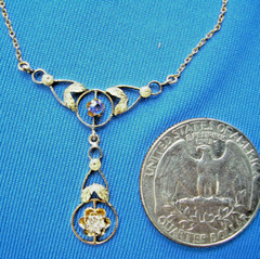 Original EARTH MINED DIAMOND SAPPHIRE Deco Pendant 14K GOLD Antique Necklaces