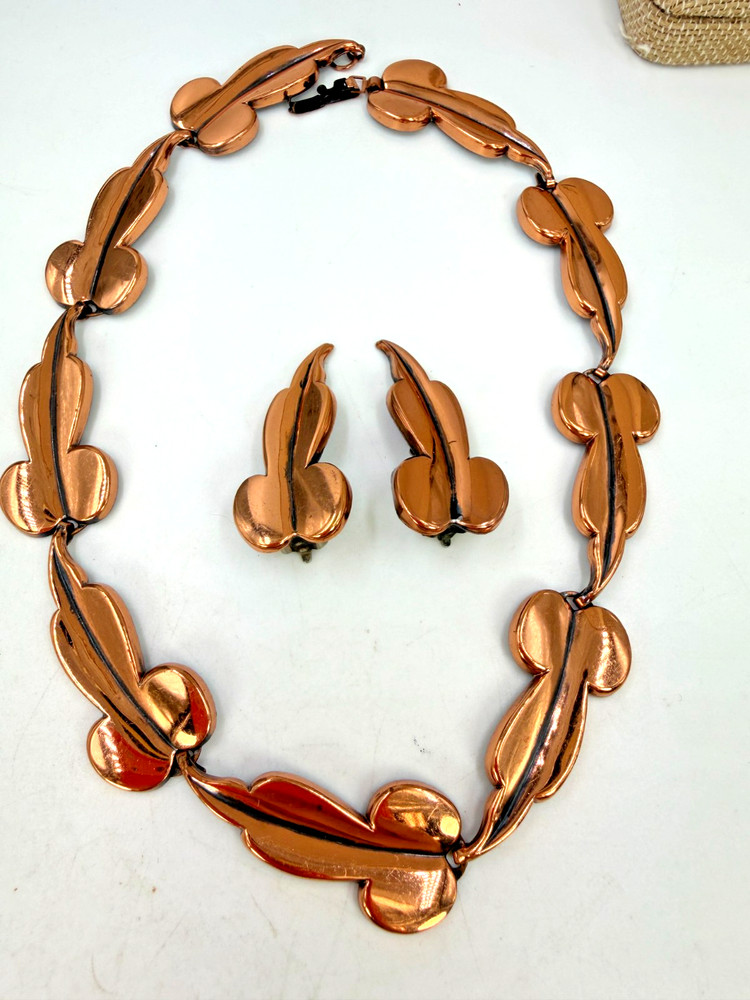 Vintage Necklace Renoir Copper Clip On Earrings Set Leaf Modernist 15 in PJ