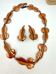 Vintage Necklace Renoir Copper Clip On Earrings Set Leaf Modernist 15 in PJ