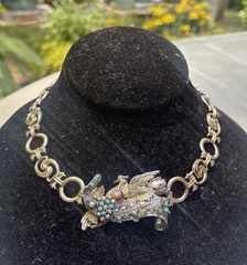 Antique Victorian Sterling Silver Vermeil Bird Turquoise Necklace