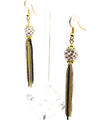 Vintage 1990s 2000s Disco Ball CZ Sparkle Black Gold Chain Tassel NYE Earrings