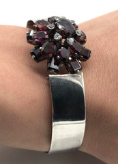 Bohemian Almandine Garnet Tiered Cluster Silver Belt Bangle Bracelet Antique