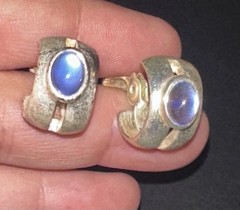 Vintage Silver Half Hoop Blue Moonstone Monet Clip-On Earrings Huggie Cuff