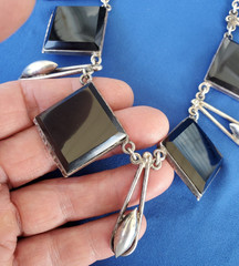 Original STERLING SILVER 925 Deco Onyx Modernist Necklace 186 Gr Vintage 18″ In