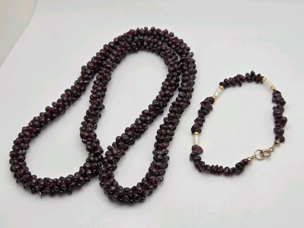 Vintage Jewelry SET Necklace Beads Natural Almandine Garnet Gemstone 23.6 ”