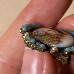 Vintage Brooch, Miniature Victorian Portrait Cameo Turquoise Bead Brooch Pin A66