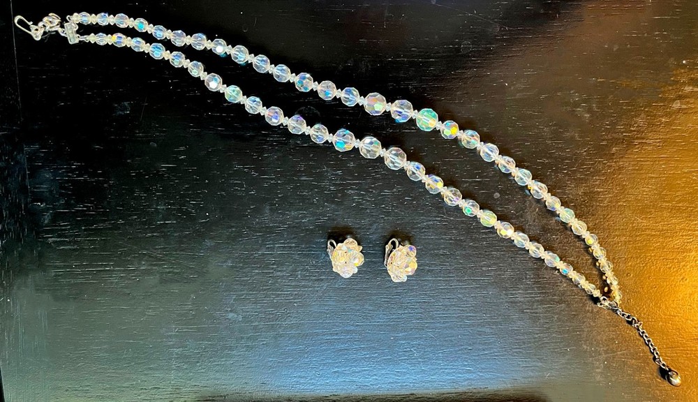Vintage Aurora Borealis Crystal Bead Necklace & Clip-On Earring Set