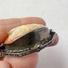 Antique Sterling Silver Carved Shell Victorian Lady Portrait Cameo Brooch Pin