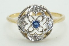 PRETTY ANTIQUE ENGLISH 18K GOLD DIAMOND SAPPHIRE RING c1930 NO RESERVE