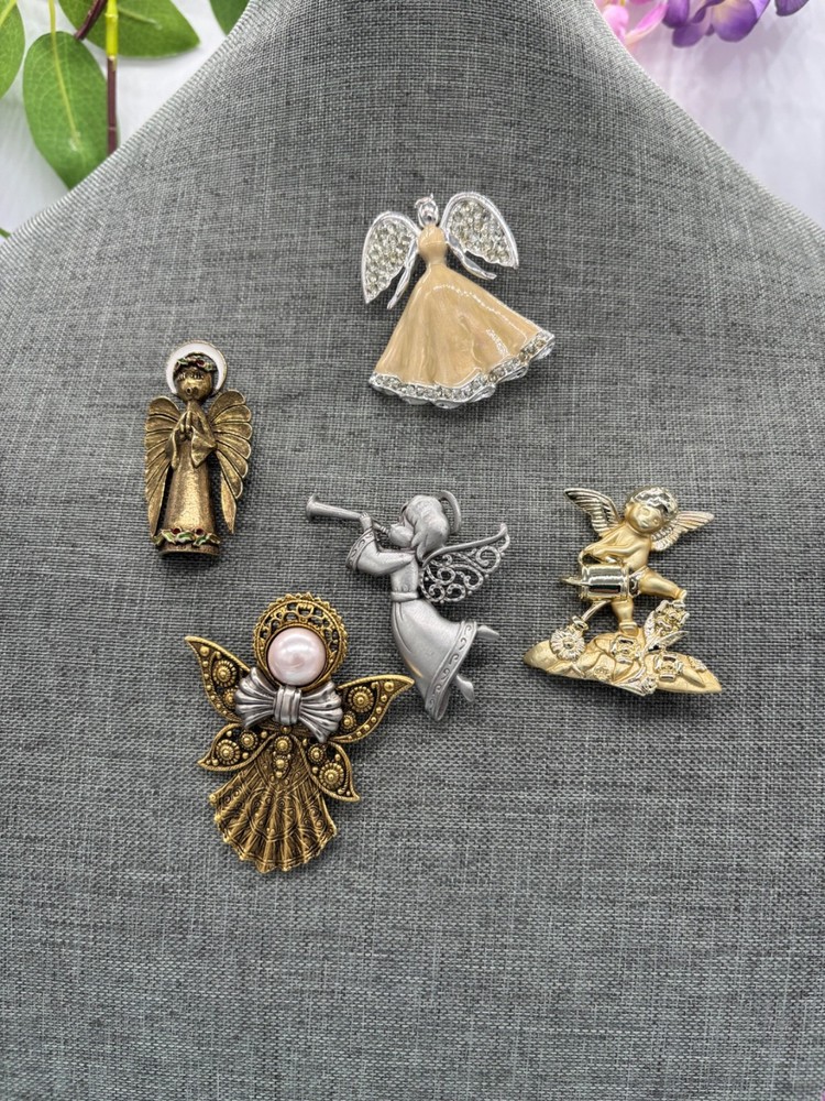Angel Brooch Lot Jac Win ART AJC JJ Goldtone Silvertone Enamel Rhinestones
