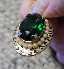 Vintage Emerald Pendant with Pearl Accents On Decorative Gold Tone