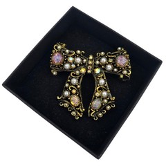 Vintage Signed Hollycraft Faux Pearl Fire Opal Bow AB Rhinestone Brooch Pin