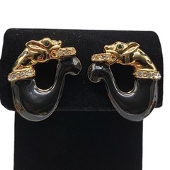 Jackie Collins Rare Clip On Earrings Figural Cougar Loop Black Enamel Rhinestone