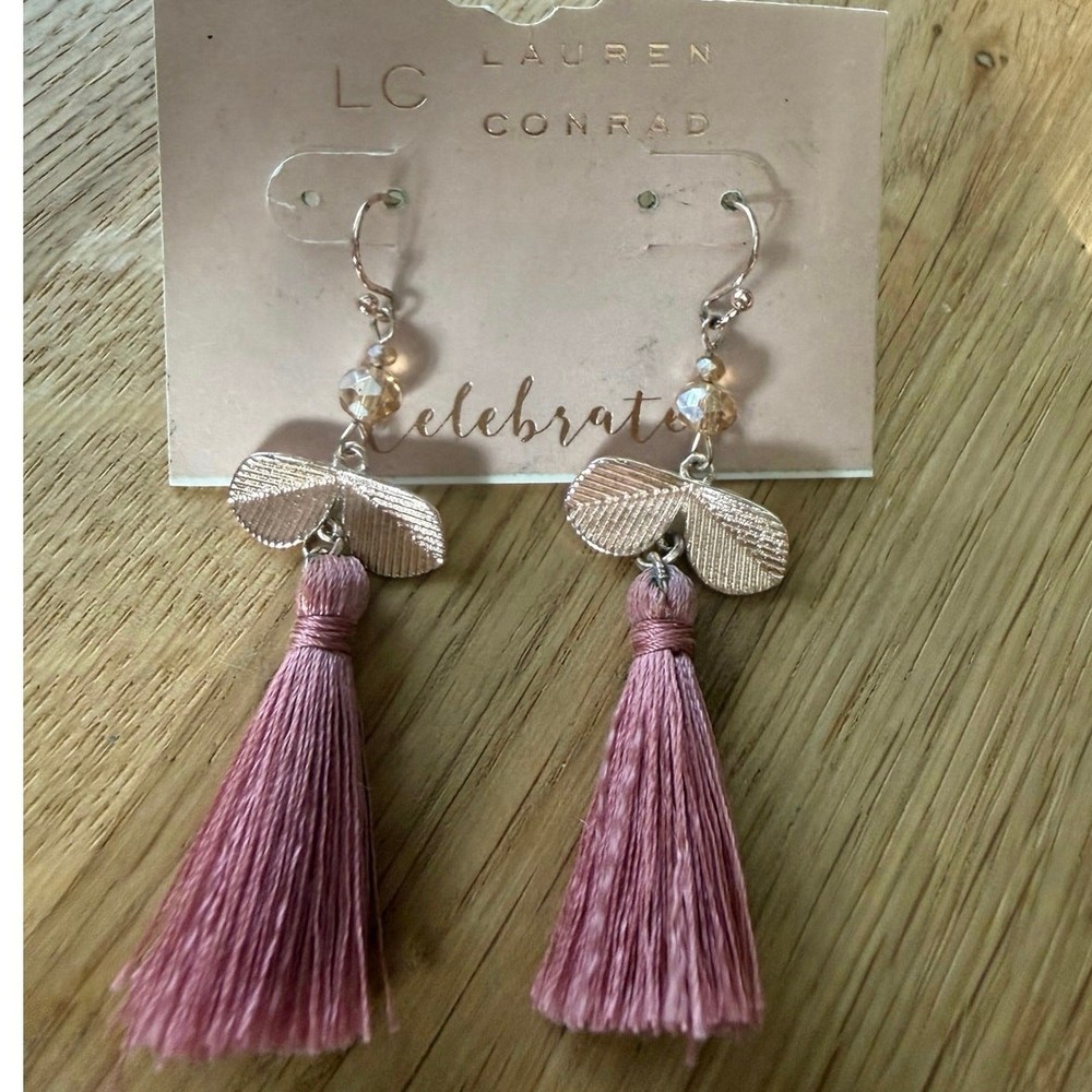 NWT Lauren Conrad Pink Butterfly Tassel Earrings