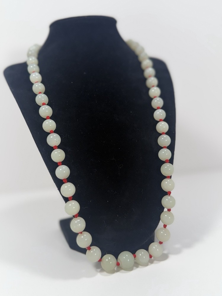 Vintage Chinese Red Knot Celadon Jade Bead Necklace 24” W/ Silver Clasp