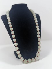Vintage Chinese Red Knot Celadon Jade Bead Necklace 24” W/ Silver Clasp