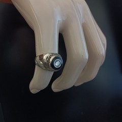Chunky Silver Signet Ring Black Enamel Crystal Vintage Statement Domed Men Women
