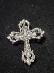 Ornate Silver Cross Brooch blue stone accent