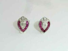 Art Deco Vintage Style Lab-Created Diamond & Ruby Stud Earrings Solid 925 Silver