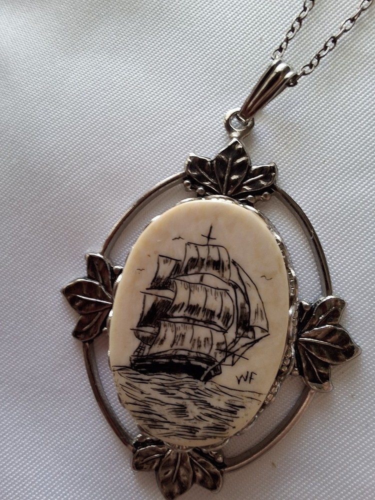 Vintage Scrimshaw Style Sailing Ship Pendant Necklace Faux Ivory Nautical Leaf