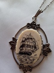 Vintage Scrimshaw Style Sailing Ship Pendant Necklace Faux Ivory Nautical Leaf