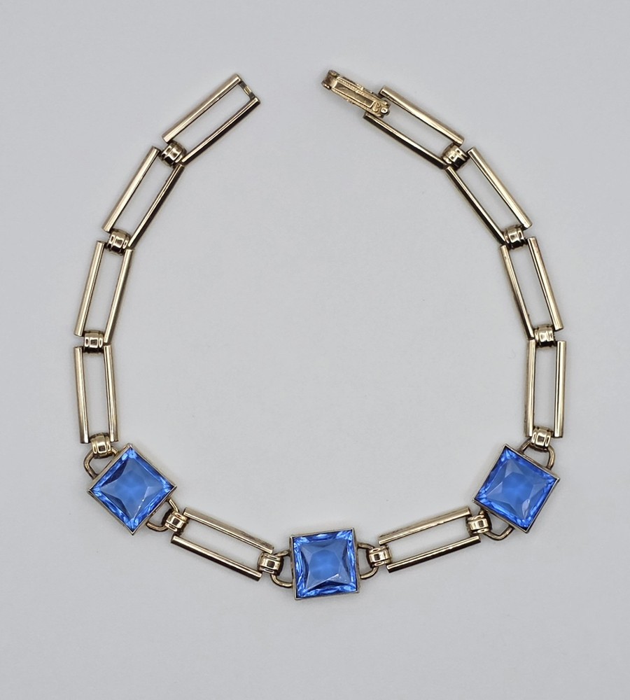 Vintage Simmons Art Deco Gold Filled Bracelet Blue Glass Square Link